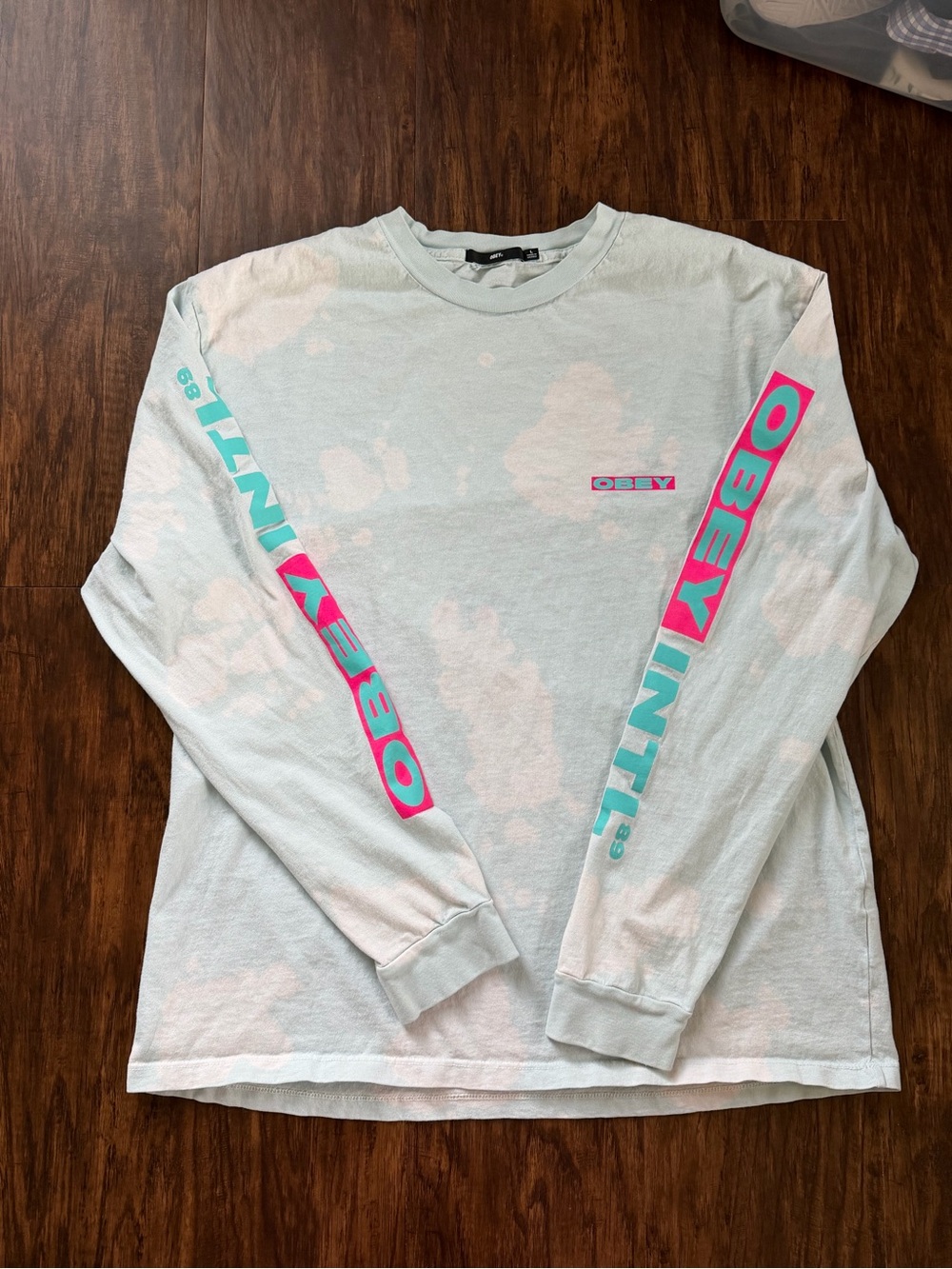 Obey Long Sleeve Tee in Light Blue with Pink and Teal Sleeve Logos